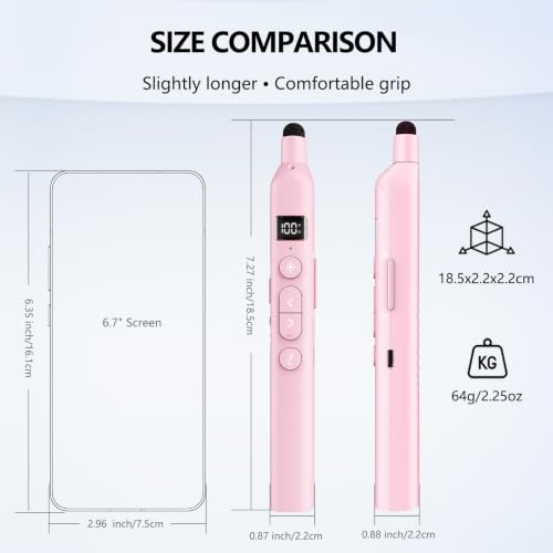 N21 Bluetooth Presentation Clicker for PowerPoint with Retractable Pointer | ①Laser Pointer②Telescopic touch pen③Countdown timer, vibration alert ④Customizable Button ⑤Rechargeable;battery level display - color: Pink - Red Pointer