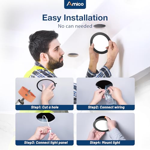 Amico 12 Pack 6 Inch LED Recessed Lighting, Canless Wafer Downlight, Black | 5CCT 2700K-5000K, 5%-100% Dimmable, Ultra-thin, Metal housing, 1050LM 12W 120V, IC & Damp Rated, ETL & FCC, 50000h Life Span - color: Black, size: 6 Inch