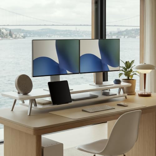 Fenge Dual Monitor Stand Riser, Wooden Desk Shelf with 2-Tier Storage - color: White, size: 47.2 Inch