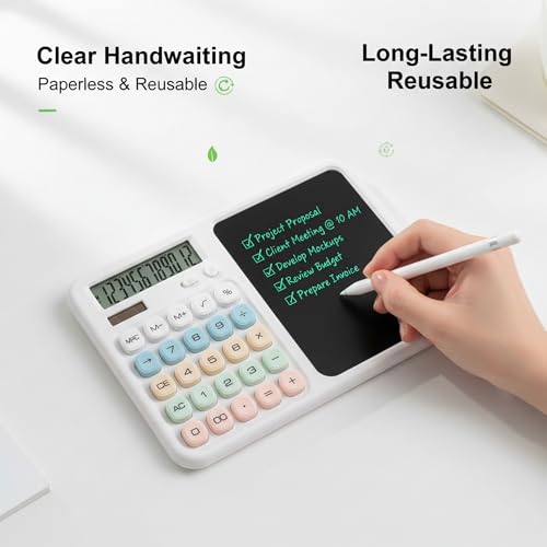Calculator with Writing Tablet, Desktop Calculator with LCD Notepad, 12-Digit Large Display, Dual Power (Solar & AAA Battery), Erasable Memo Pad with Stylus for Office Finance School (Pink) - color: Pink