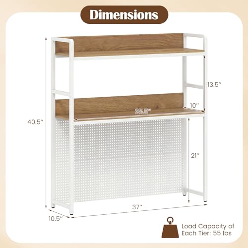 Desk Hutch, 37" Desktop Bookshelf with Pegboard, Countertop Storage Hutch for Computer Monitor, 2-Tier Desk Display Rack, Desktop Organizer Shelf for Dorm Home Office (White+Natural) - color: White+natural