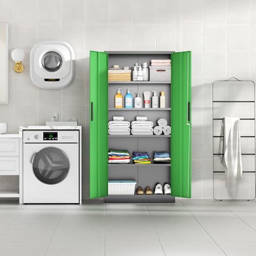Bonusall 72" Metal Garage Storage Cabinet, Heavy-Duty Steel Cabinet with 2 Locking Doors & 5 Adjustable Shelves for Home, Office, or Workshop Organization(Black Green) - color: Black&green, size: MSC-72-D18