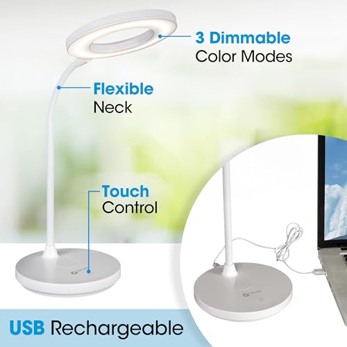 OttLite Vibe LED Ring Light, Rechargeable, 3 Color Temperatures, White | ClearSun LEDs Reduce Eyestrain | 360-Degree Illumination | Flexible Neck | 5.5" Ring Light | USB-Powered or Rechargeable - color: White Desk Light