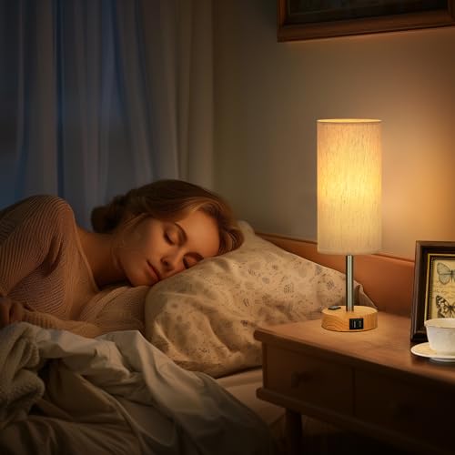 Fenmzee Small Touch Table Lamps Set of 2-3-Way Dimmable, USB A + C Charging, AC Outlet, Wood Grain Base, Bulbs Included - color: Cream - Wood Grain 2, size: 14" Touch Control