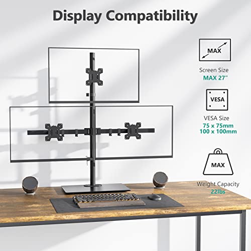 WALI Triple Monitor Stand, Height Adjustable Free-Standing Monitor Desk Mount, fits 3 Computer Screens up to 27 Inch, Holds up to 22lbs per Arm (GMF003) - color: Black (Glass Free Stand), size: Triple