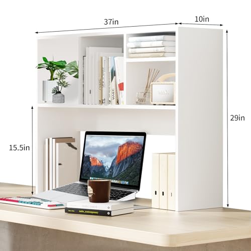 AQQHSAIN Desktop Bookshelf Wooden Desktop Hutch Storage Organizer Multipurpose Tabletop Display Rack with 4 Shelves for Computer Desk Hutch for College Dorm Office Home (White)