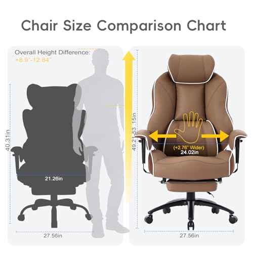 DJ·Wang Big and Tall Office Chair with Foot Rest, High Back Executive Office Chair PU Leather, Ergonomic Chairs with Lumbar Support, 135° Reclining Chairs with Thickened Spring Cushion Brown - color: Pu Brown