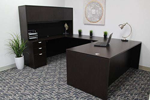 Boss Office Products Holland 71" Executive U-Shape Desk with File Storage Pedestal and Hutch, Mocha