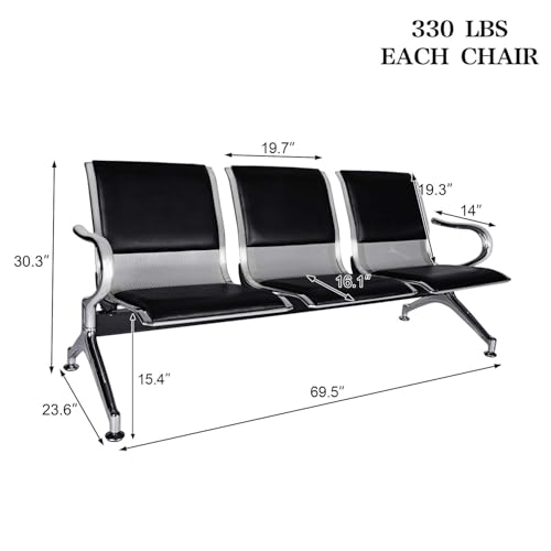 Kinsuite 3-Seat Waiting Room Bench - PU Leather Waiting Room Chairs with Arms & Non-Slip Foot Mats, Reception Chairs Guest Chair for Office Airport Bank Salon, Black - color: Pu Black, size: 3-Seat