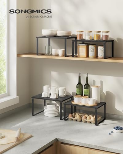 SONGMICS Cabinet Organizer Shelf, Set of 2 Kitchen Counter Shelves, Kitchen Storage, Spice Rack, Stackable, Expandable, Metal and Engineered Wood, Ink Black and Charcoal Black UKCS02B01 (Pack of 2) - color: Ink Black + Charcoal Black, size: 11.7"w (Pack o