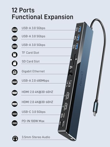 USB C Docking Station Dual Monitor with USB-C 100W Charger, 12-in-1 Laptop Dock with Dual HDMI 4K@30-60Hz, PD 100W, 4 5Gbps USB Ports, SD/TF Slot, Ethernet, Audio for MacBook/Dell/HP/Lenovo/Windows