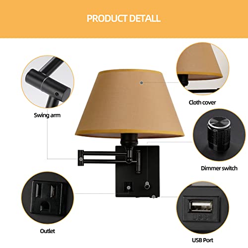 Swing Arm Wall Sconces, Plug-in Wall lamp,Bedroom Wall lamp , White Fabric Shade with dimmable Switch and USB Charging Port,Suitable for Bedside,Living Room,Reading (Black. Gold Shadow) - color: Black. Gold Shadow