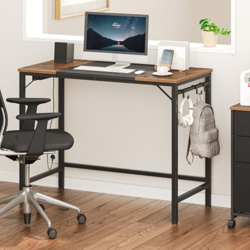 HOOBRO Computer Desk, 31.5 Inch Small Desk with Power Outlet, Writing Table with USB Charging Ports and 3 Hooks for Home Office, Study Room, Bedroom, Easy to Assemble, Rustic Brown and Black BF40UDN01 - color: Rustic Brown + Black, size: 31.5"W x 15.7"D x