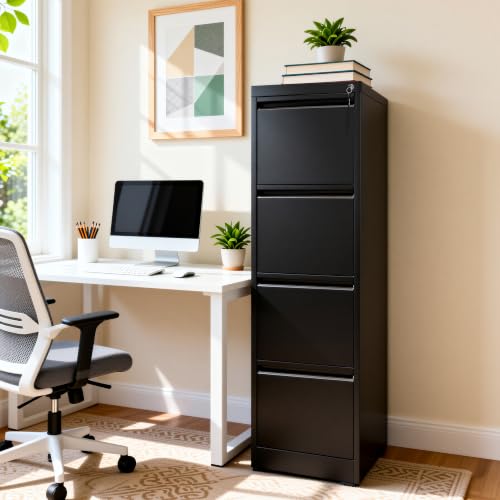 4 Drawer File Cabinet for Home Office, Vertical Filing Cabinet - color: Black, size: 52.3"H - 4 Drawer
