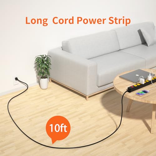 8 Outlet Metal Heavy Duty Long Power Strip, 2100J Surge Protector with 10 FT Extension Cord, Wide Spaced and Wall Mount Powerstrip for Home, Industrial, Workshop & Garage (10FT) - size: 10FT