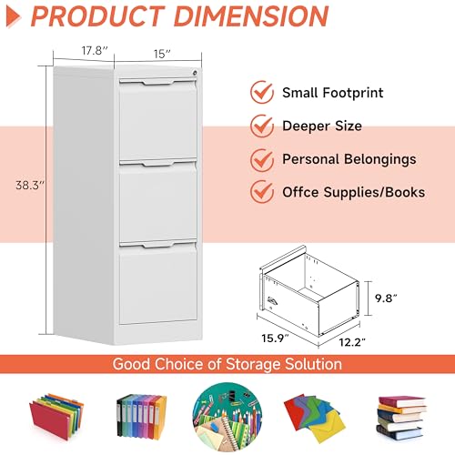 3 Drawer File Cabinet with Lock,Vertical Filing Cabinets for Home Office,Heavy Duty Metal File Cabinet for Hanging A4/Letter/Legal Size File,Vertical File Cabinet 15" W X 17.8" D X 38.3" H-White - color: White, size: 3 Drawer-Vertical-15"W