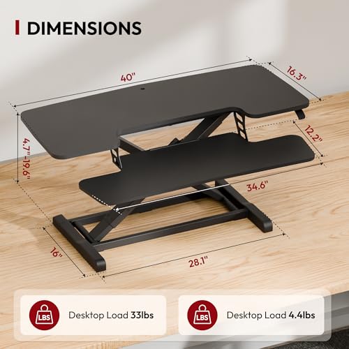 SANODESK 40" Desk Converter, Height Adjustable Sit to Stand Riser, Dual Monitor and Laptop Workstation with Wide Keyboard Tray, Modern Minimalist Design, Black - color: Black, size: 40"