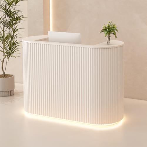 Reception Desk with LED Light - Curved Front Checkout Page with Counter, Lockable Drawers & Engineered Wood Construction, Salon Reception Desk for Beauty Salons - color: White