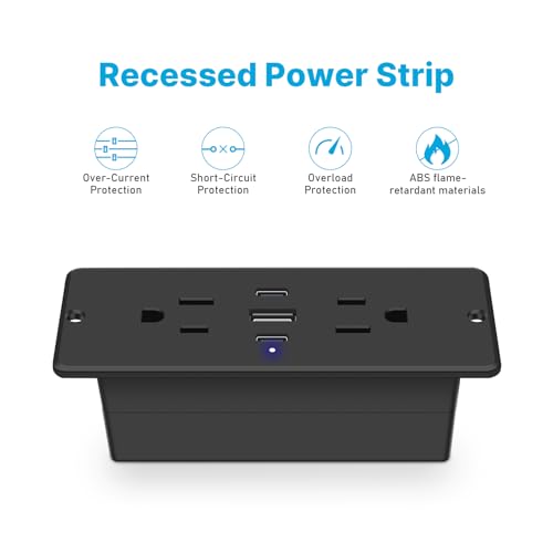 CCCEI Recessed Power Strip with Outlet and USB C Ports, Furniture Flush Mount Power Strip, Small Desk Hidden Outlet for Conference Table, Nightstand, Black, 10FT. - size: 10FT, style: 20W_USB-C