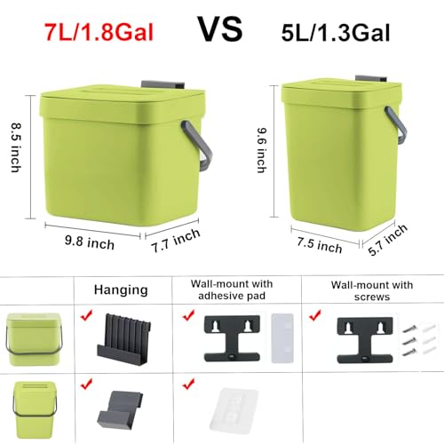 LALASTAR 1.8 Gallon Hanging Trash Can, Green, Plastic, Compost Bin Indoor Kitchen Sealed, Small Trash Can with Lid, Mountable - color: Green