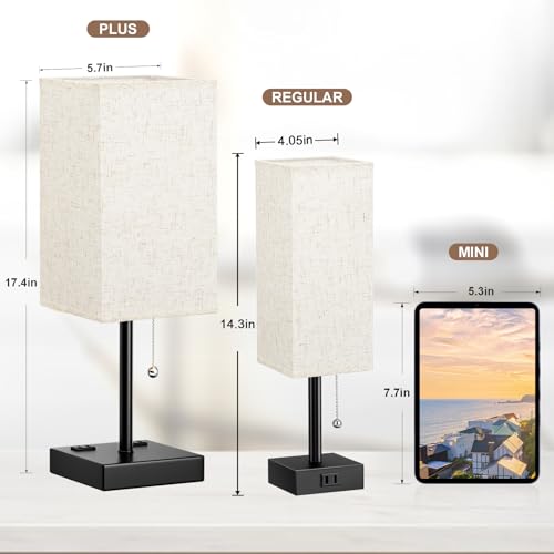 Bedside Lamp for Bedroom Set of 2 - Table Lamp for Nightstand | USB A+C Ports, AC Outlet, 3 Color Temperatures, LED Bulb Included, Pull Chain, 17" Rectangular Desk Lamp for Dorm, 2-Pack - color: Cream, size: 17.4In