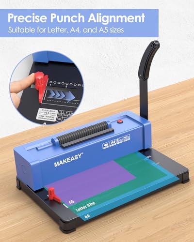 MAKEASY Spiral Binding Machine, 4:1 Pitch, 12 Sheets Punch Capacity, Electric Coil Insert, Book Binder Machine for A4/A5/Letter Size Paper, Comes with 100 pcs 5/16'' Coils & Pliers - color: Blue