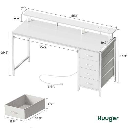Huuger 55 Inch Computer Desk with Power Outlets and LED Lights, Gaming Desk with 4 Drawers, Office Desk with Monitor Stand, Study Work Home Office, White - color: White, size: 55 INCH