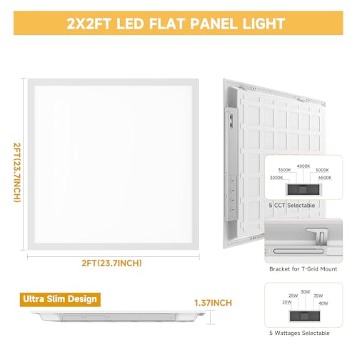 48 Pack 2x2 LED Flat Panel Lights with 5CCT Selectable, 4800LM, ETL | 40W/35W/30W/25W/20W,6500K/5000K/4000K/3500K/3000K,0-10V Dimmable, LED Drop Ceiling Fixtures for Office Meeting Classroom - size: 2x2FT 48PACK
