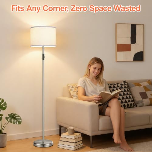 Floor Lamp Simple Design with White Shade, Small Tall Lamps for Living Room Bedroom Office Dining Room Kitchen, Sliver Pole Lamp-Sliver - color: Brushed Nickel-White shade