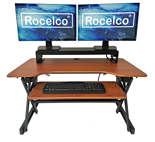 Rocelco 40" Large Height Adjustable Standing Desk Converter with Dual Monitor Stand BUNDLE - Quick Sit Stand Up Computer Workstation Riser - Retractable Keyboard Tray - Teak (R DADRT-40-DMS) - color: Teak/Black, size: 40", style: Riser+Monitor Stand
