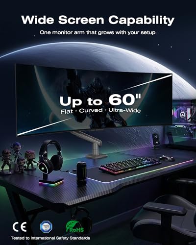 NB Gaming Monitor Arm for Screen up to 60 inches, Holds 44 lbs(20 kg), VESA 75/100, RGB Light, Heavy Duty Monitor Stand, Aluminum Ultrawide Screen Mount Height Angle Adjustable Grey Black - color: Grey Black
