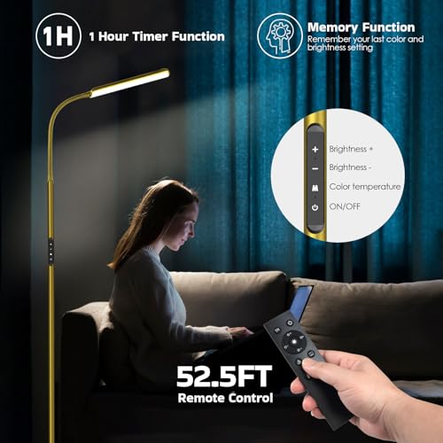 LED Floor Lamp, Stepless Adjustable 3000K-6000K Colors, Golden | Bright 15W Floor Lamps for Living Room with 1H Timer, Reading Standing Lamp with Remote & Touch Control, Home Office - color: Golden