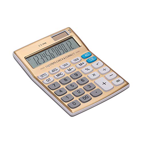 Solar Powered 12 Digit Large LCD Display Standard Function Desktop Calculator, Gold