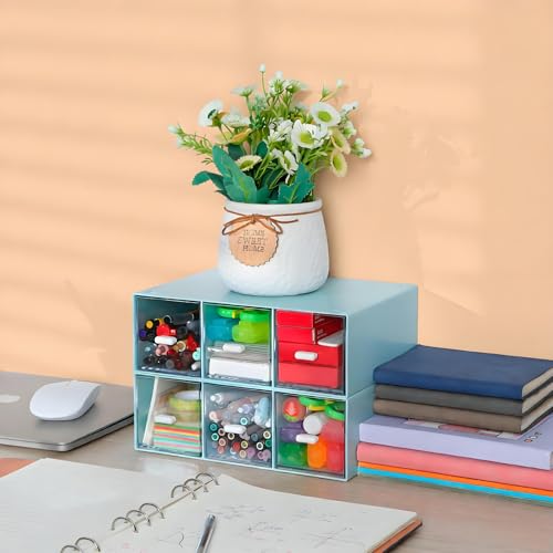 Desktop Organizer With 6 Drawers, Pencil Box, Stationary Organizer | 2 Tiers Blue, Plastic Mini Drawers, Small Pen Storage Boxes, Toolbox, Stackable Makeup Organizer, Stationary Organizer - color: 2 Tall Layers & 6 Drawers, Blue