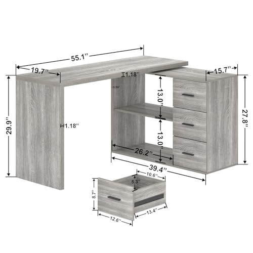 HSH Grey L Shaped Computer Corner Desk with 3 Storage Drawers 55 inch | Reversible Home Office Corner Desk with 2 Open Side Shelves Modern Wood Executive L Desks for Bedroom,Study Workstation - color: Light Grey Oak, size: 55 Inch
