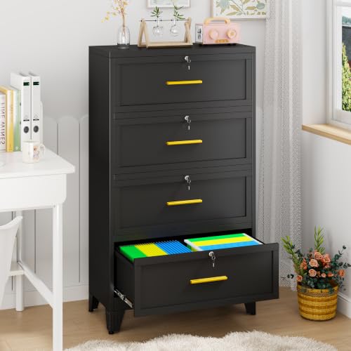 Metal Lateral File Cabinet with Lock,4 Drawer Steel Wide Filing Organization Storage Cabinets,Office Filing Cabinet for Letter/A4/F4 Size with Hanging Files&Key,Lockable Cabinets for Home Office - color: Black, size: 4Drawer