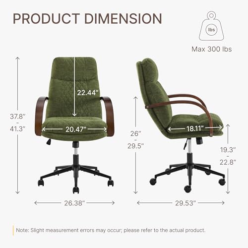 KISLOT Home Office Desk Chair, Ergonomic Office Chair with Lumbar Support, Adjustable Swivel Computer Chair with Wheels, Fabric Executive Task Chair with Wood Arms, Set of 2, Moss Green - color: Moss Green Fabric, size: Set of 2