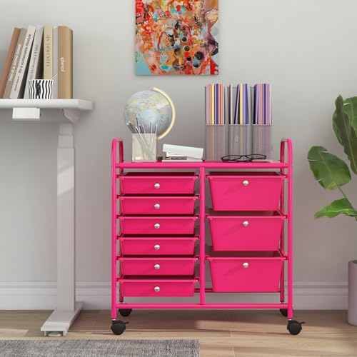 Giantex 9 Drawers Rolling Cart, Classroom Organizers, Storage Cart with Wheels, for Teacher Office Home School Supplies Tool Craft Art Paper, Hot Pink - color: Hot Pink, size: 9 Drawers (3 Big +6 Small)