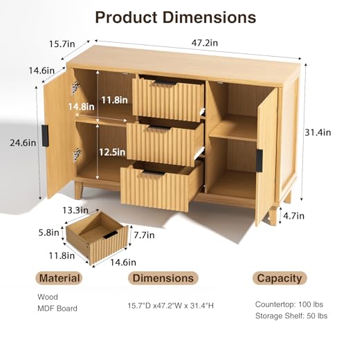 47.2" W Storage Cabinet with 3 Drawers, Fluted Buffet Cabinet with Storage - color: Wood Grain, size: 3 Drawers - 15.7"D x 47.2"W x 31.5"H