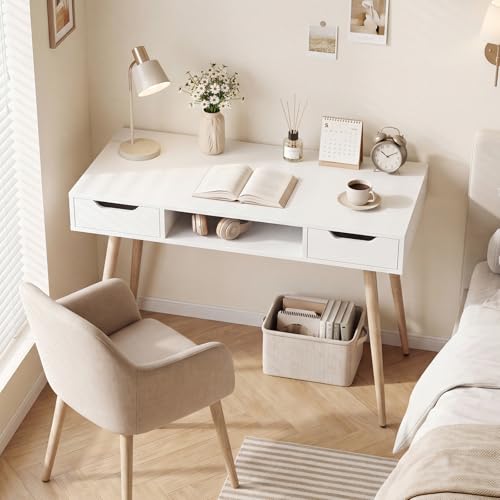 GIANTEX White Computer Desk with Drawers, 42.5" Minimalist Mid Century Modern Vanity Writing Desk with Open Storage Cubby & Metal Leg, Compact Wooden Study Table for Small Spaces Home Office (White) - color: White
