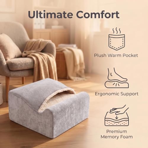 Under Desk Foot Rest with Warm Feet Pocket – Ergonomic Office Footstool, Memory Foam, Washable Cover, Non-Slip Bottom, for Heel & Leg Support, Back Pain Relief (Grey+)