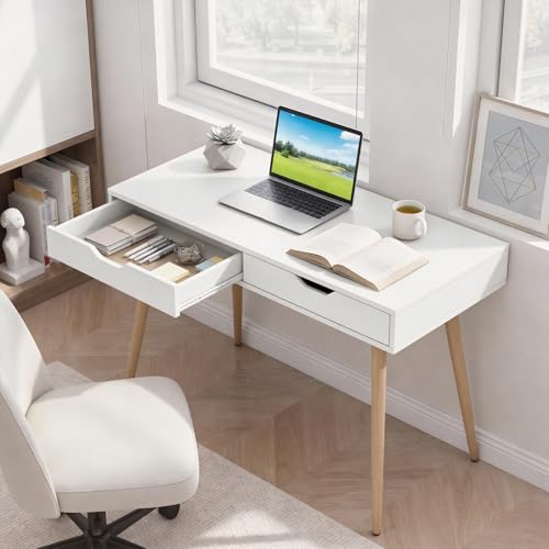 Tangkula White Writing Desk w/2 Storage Drawers, Modern Computer Desk with 4 Rubber Wood Legs, Versatile Small Study Desk for Home Office School, Vanity Table for Bedroom