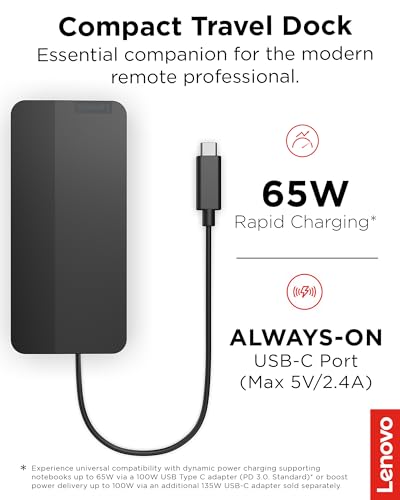 Lenovo USB-C Dual Display Travel Dock w/ 100W Power Adapter - 7 Ports, Integrated USB-C Cable, Universal Compatibility, Dual Displays at 4K - Black - style: USB Dock + Adapter
