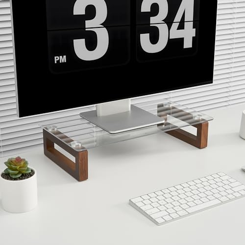 YEOUX Multi-Purpose Desktop Stand - 17.0" x 9.0" x 3.5" (Clear & Walnut) | Clear Floating Glass Top with Natural Wood Base, Desk Organization, for Computer, Printer, Laptop, Audio Device, Flat Screen - color: Walnut&Clear