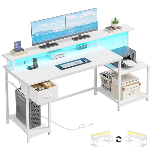 DurayLoly Office Desk with 55" Long Monitor Stand, 18" Ample Printer Space | Storage Drawer and File Shelves,Versatile RGB LED Lighting,Built-In USB Outlet,Sturdy Metal Frame,Bedroom Writing Desk,White - color: White
