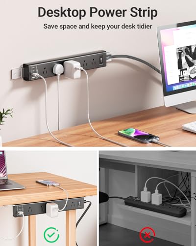 360° Mountable Surge Protector Power Strip with 4 USB Ports (2 USB C), 6 FT Electrical Outlet & Flat Plug Extension Cord for Under Desk, Wall, or Corner Mount - style: Desk Socket - Black