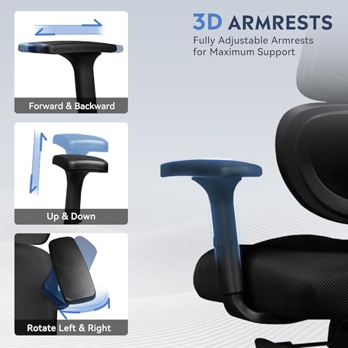 DEVAISE Office Chair Big and Tall Reclining Ergonomic Desk Chair for Long Hours, Comfy Breathable Mesh, Adjustable Armrests with Lumbar Support, Black