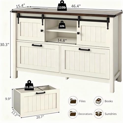 Farmhouse File Cabinet for Home Office, White Printer Stand | Office Credenza Storage Cabinet,Sliding Barn Doors & 2 Large File Drawers for Legal/A4/Letter Size, Home Office, Living Room - color: White