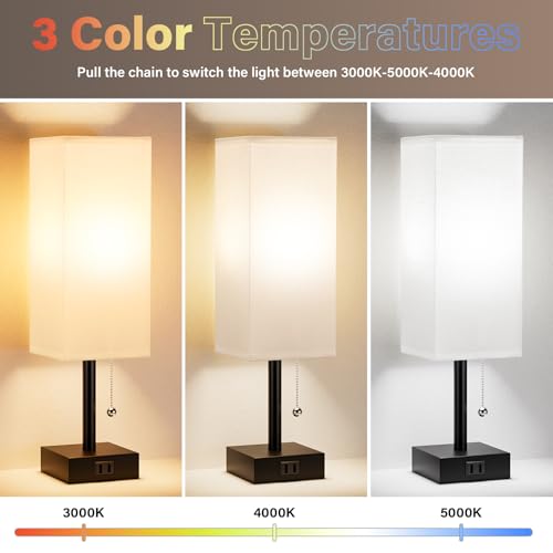 White Bedside Lamps for Bedroom Set of 2 - Small Rectangular Nightstand Lamp with AC Outlet Charging Port, 3 Color Temperatures Desk Light with Bulb, Tabletop Reading Lamp for Living Room/Dorm/Office | AC Outlet, 3 Color Temperatures, LED Bulb Included, P