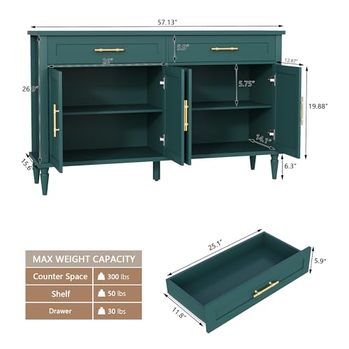 58 Inch Sideboard Buffet Cabinet with Storage, Fluted Buffet Storage Cabinet with 2 Drawers and 4 Doors, Modern Coffee Bar with Adjustable Shelves for Living Room, Kitchen (Green) - color: Green
